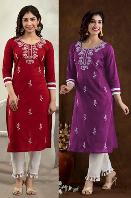 HouseOfCommon Women Chikan Embroidery Straight Kurta(Multicolor)