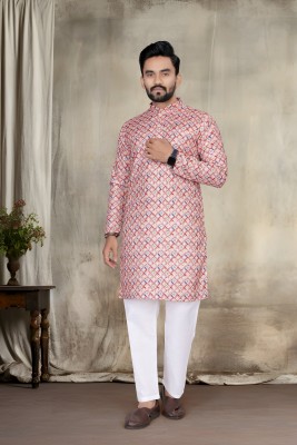 VALAKI Men Printed Straight Kurta(Pink)