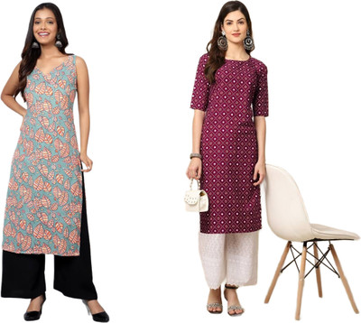 KAUTAQI Women Printed Straight Kurta(Multicolor)