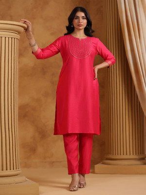 Span Women Solid Straight Kurta(Pink)