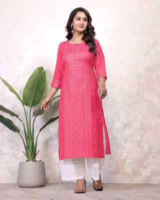 Cttextiles Women Embroidered Straight Kurta(Pink)