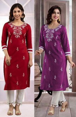 SISTO Women Embroidered Straight Kurta(Red, Purple)