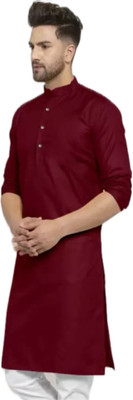 HouseOfCommon Men Solid A-line Kurta(Maroon)