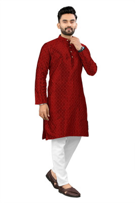 Shree Dutt Creation Men Self Design Straight Kurta(Red)