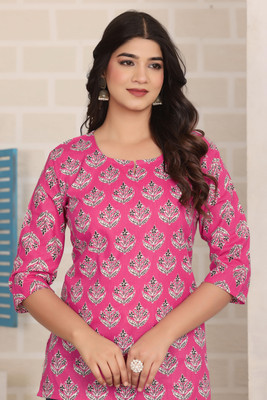Anmi Women’s Jaipuri Ethnic Hip Length Short Kurti for Office,College Printed Women Straight Kurta(Pink)