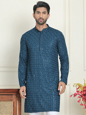 ANOUK Men Embroidered Straight Kurta(Blue)