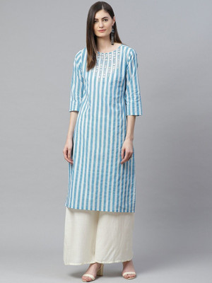 Yash Gallery Women Striped Straight Kurta(White)