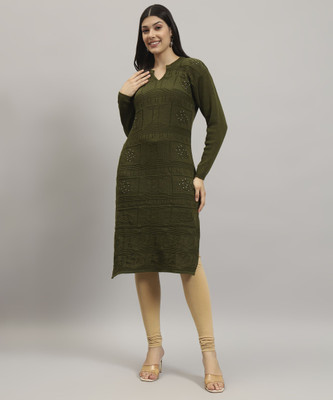 CANBLAR Women Solid Straight Kurta(Green)