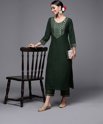 Indo Era Women Solid Straight Kurta(Dark Green)