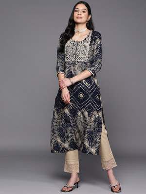 LIBAS Women Embroidered Straight Kurta(Blue, Beige)