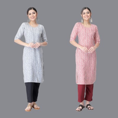 EthnicBasket Women Printed Straight Kurta(Pink, White, Grey)