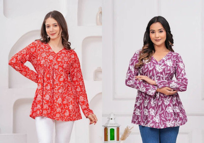 ARZOO Women Floral Print Flared Kurta(Red, Purple)