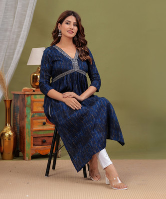 Laxmi Fab Tex Women Embroidered Flared Kurta(Blue)