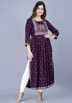 SAKSHIFABTEX Women Embroidered Straight Kurta(Purple)