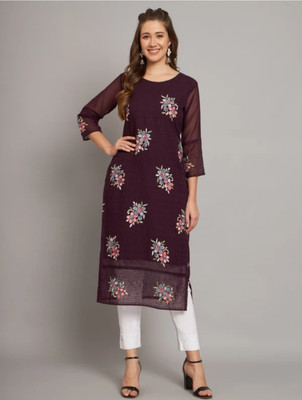GHAR GATTHU Women Embroidered A-line Kurta(Purple)