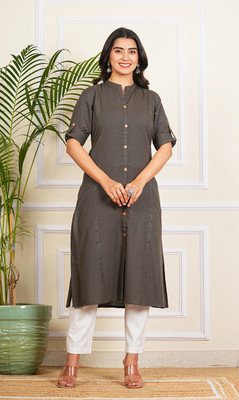 hustle bustle Women Solid A-line Kurta(Grey)