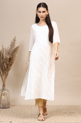 Aurelia Women Embroidered Straight Kurta(White)