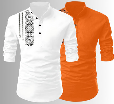 Kavyangle Creation Men Printed Straight Kurta(White, Orange)