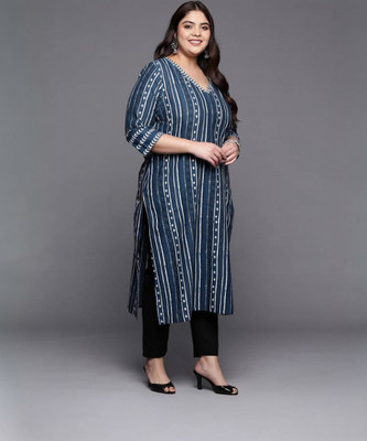 Deshopever Women Striped Straight Kurta(Blue)