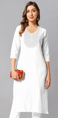 AL SK TRADERS Women Embroidered A-line Kurta(White)