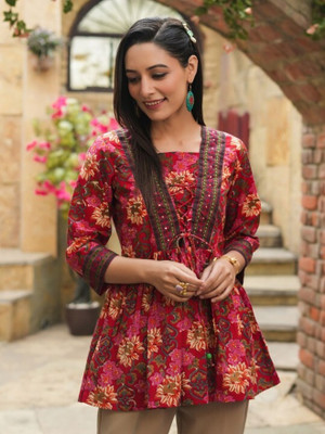 AnushreeEthnics Women Floral Print Flared Kurta(Red)
