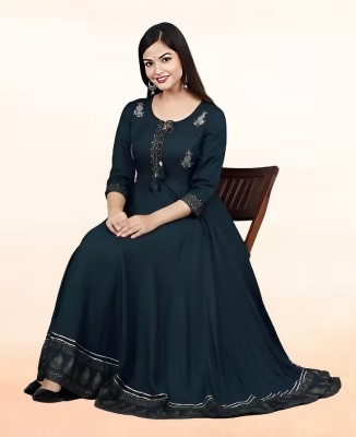 Kapishreshth Women Embroidered Anarkali Kurta(Dark Blue, Silver)