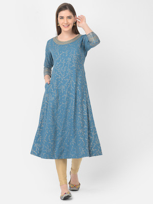 Span Women Printed A-line Kurta(Blue)