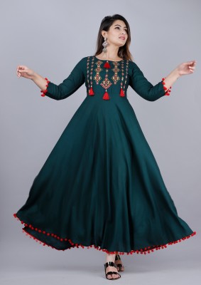 Divastri Women Embroidered Anarkali Kurta(Dark Green)