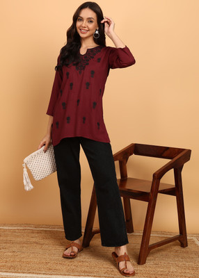 TOP N THREAD Women Embroidered A-line Kurta(Maroon, Black)
