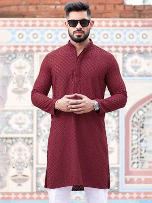 click n buy Men Embroidered Straight Kurta(Maroon)