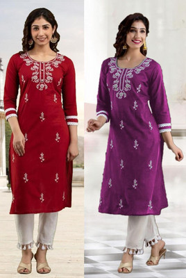vikshi Women Chikan Embroidery Straight Kurta(Red, Purple)