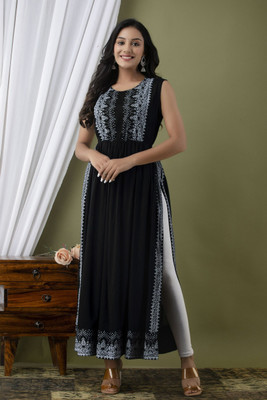 deepcreek Women Printed A-line Kurta(Black)