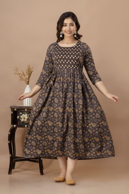 Chandar Textile Flared/A-line Gown(Brown, White)