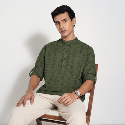 Indus Route by Pantaloons Men Printed Straight Kurta(Green)