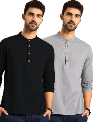 indirae Men Solid A-line Kurta(Grey)