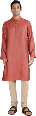 Fabindia Men Woven Design Straight Kurta(Orange)