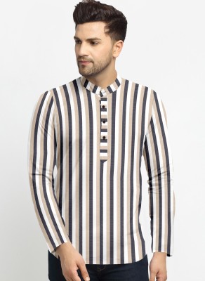 AMOUS Men Striped Straight Kurta(Grey, Dark Blue, White)