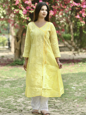 Chikirpolo Women Chikan Embroidery A-line Kurta(Yellow)