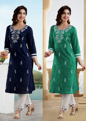 vikshi Women Chikan Embroidery Straight Kurta(Multicolor)