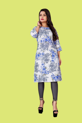 Tulsii Fab Women Animal Print Straight Kurta(Grey, Blue)