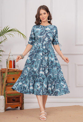 INSTA CRAFT Women Floral Print Anarkali Kurta(Blue)