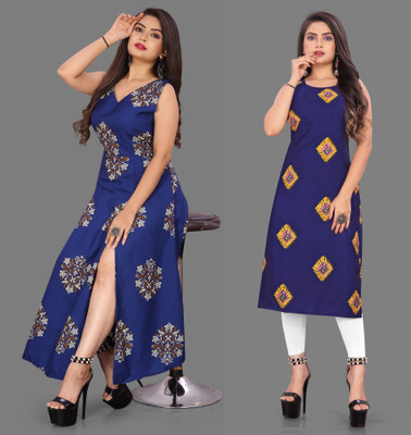 Hiral Creation Women Printed, Striped Straight Kurta(Blue)