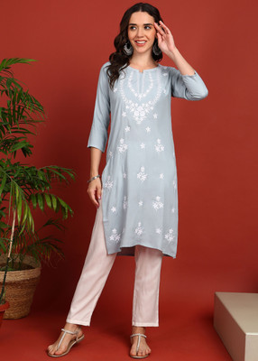 TOP N THREAD Women Chikan Embroidery, Embroidered, Floral Print A-line Kurta(Grey)