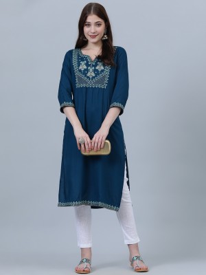 Aaysa Women Embroidered Straight Kurta(Blue)