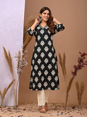 WGC Women Floral Print A-line Kurta(Black)