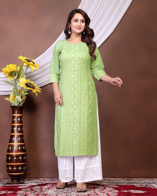 Cttextiles Women Embroidered Straight Kurta(Green)