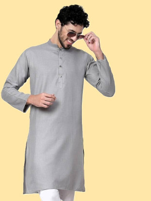 Rajababu Men Solid Straight Kurta(Grey)