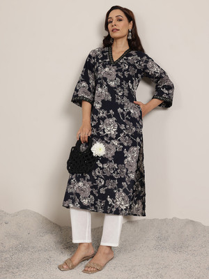 LIBAS Women Floral Print Straight Kurta(Black)