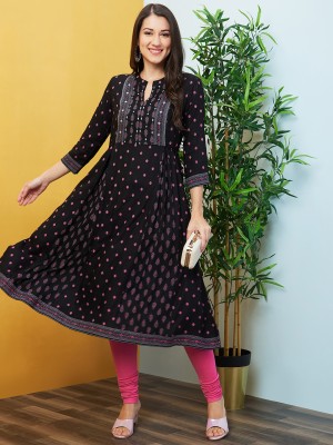 Globus Women Printed A-line Kurta(Black)