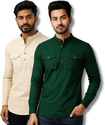 RAREMARK Men Solid Straight Kurta(Beige, Green)